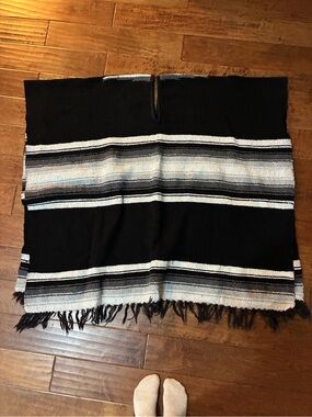 MEXICANA Black Striped Poncho with Fringe
